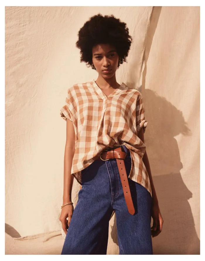 Women Lakeline Popover Shirt In Double Faced Gingham Golden Pecan Madewell Tops and Shirts Women Lakeline Popover Shirt In Double Faced Gingham Golden Pecan Madewell Tops and Shirts