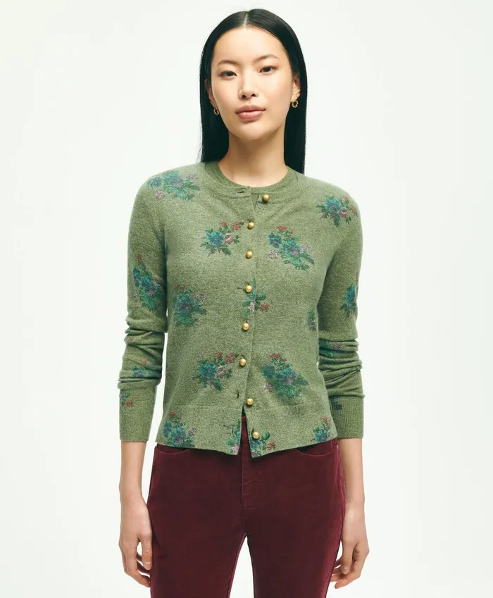 Women Lambswool Floral Print Cardigan Green Brooks Brothers Sweaters