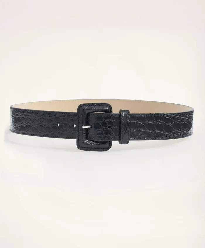 Women Leather Croc Embossed Belt Black Brooks Brothers Shoes and Belts