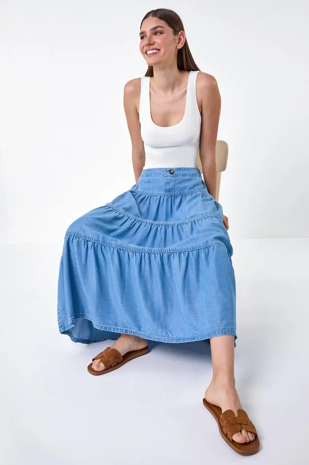 Women Light Blue Denim Wash Tiered Maxi Skirt Roman Skirts