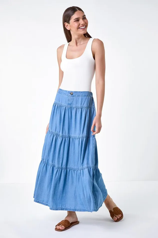 Women Light Blue Denim Wash Tiered Maxi Skirt Roman Skirts