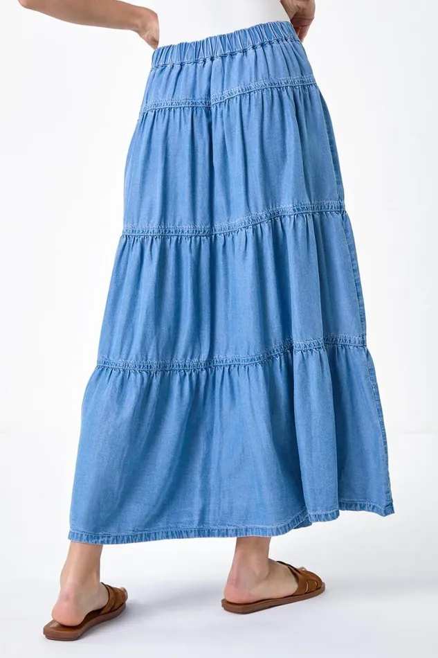 Women Light Blue Denim Wash Tiered Maxi Skirt Roman Skirts