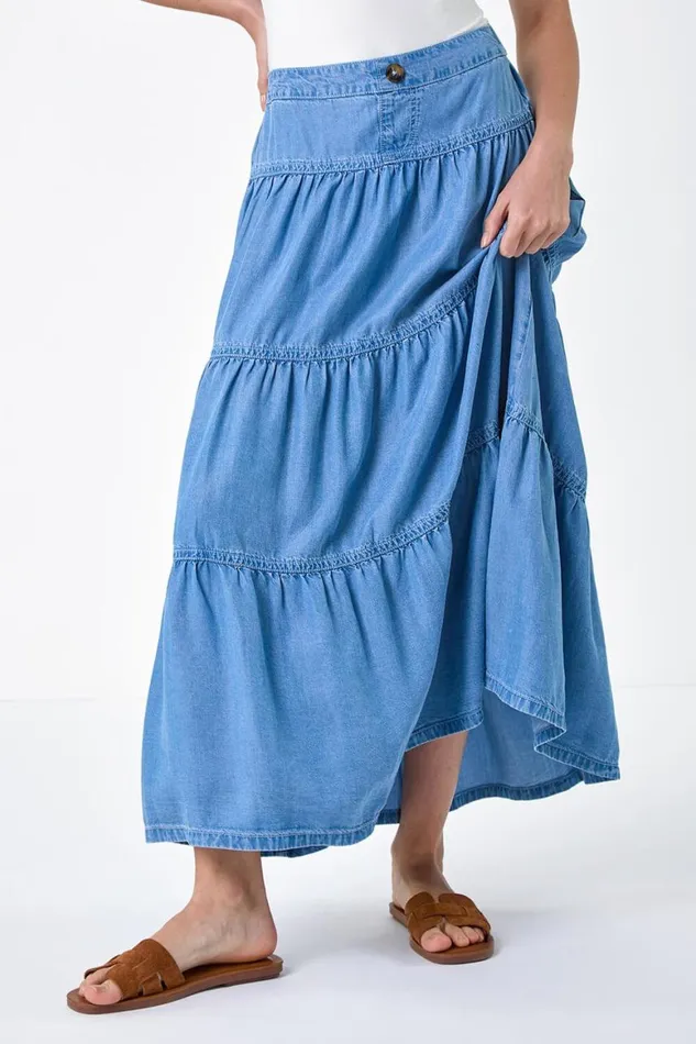 Women Light Blue Denim Wash Tiered Maxi Skirt Roman Skirts