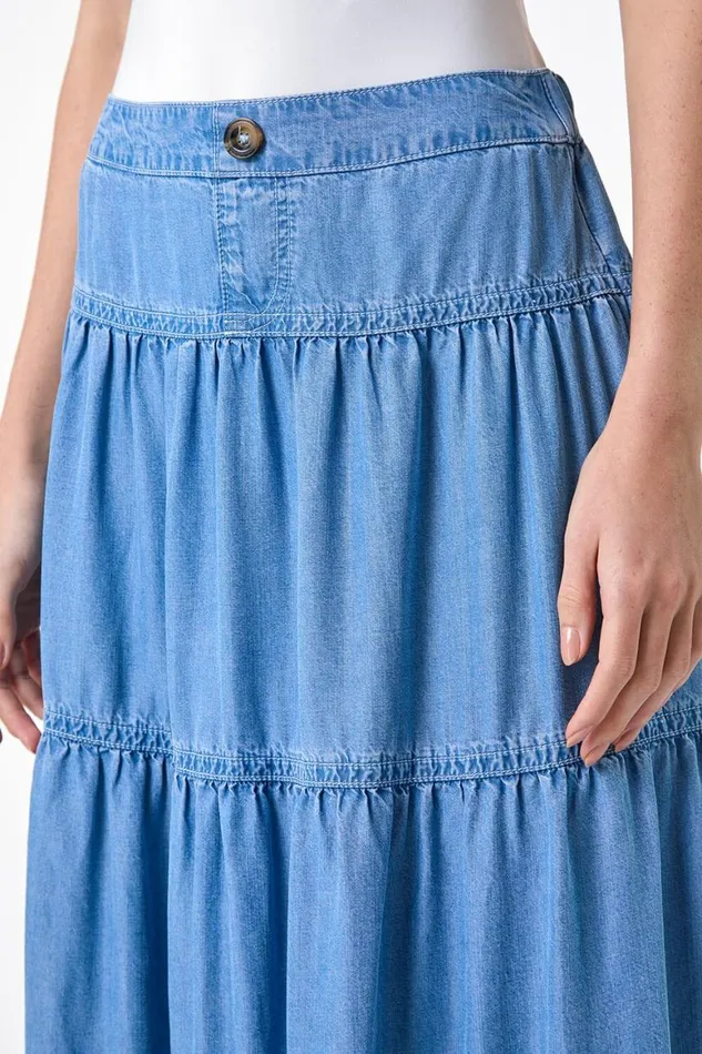Women Light Blue Denim Wash Tiered Maxi Skirt Roman Skirts