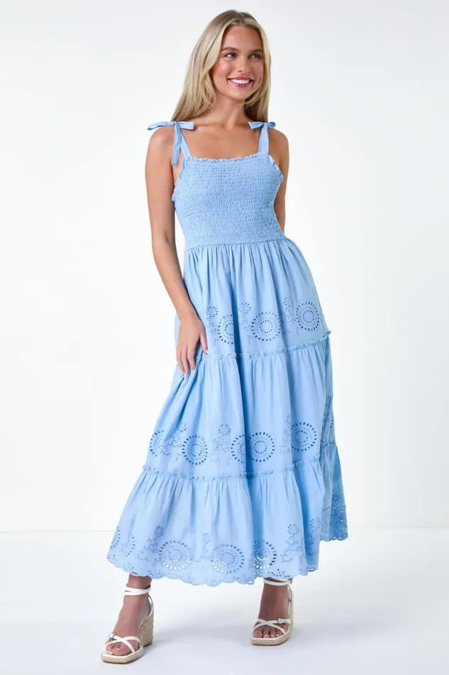 Women Light Blue Petite Cotton Broderie Tiered Maxi Dress Roman Dresses