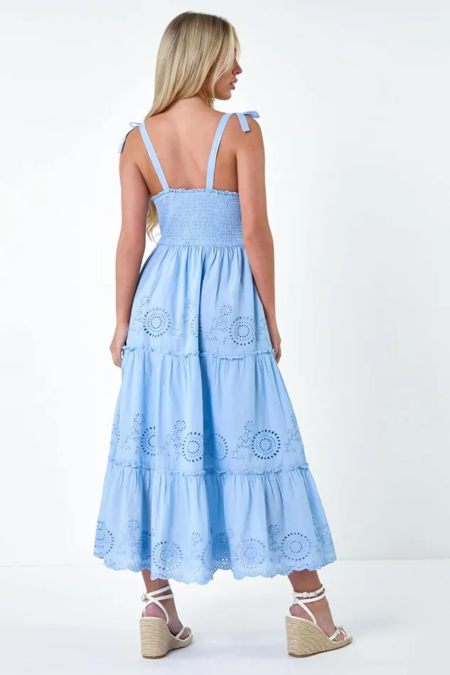 Women Light Blue Petite Cotton Broderie Tiered Maxi Dress Roman Dresses