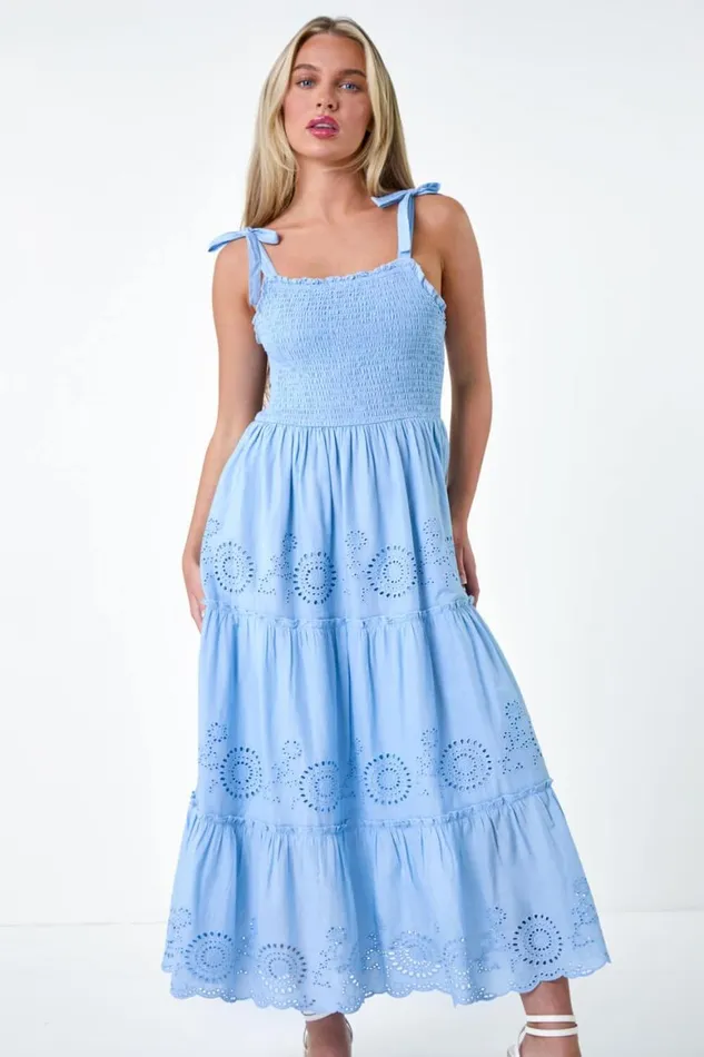 Women Light Blue Petite Cotton Broderie Tiered Maxi Dress Roman Dresses