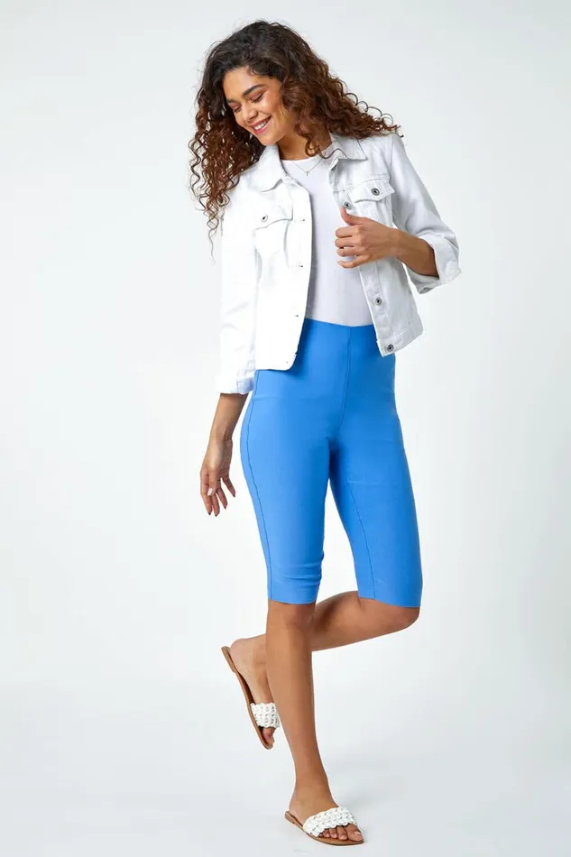 Women Light Denim Elastic Waist Knee Length Stretch Shorts Roman Trousers