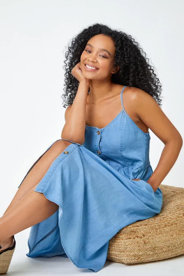 Women Light Denim Petite Sleeveless Denim Midi Dress Roman Dresses