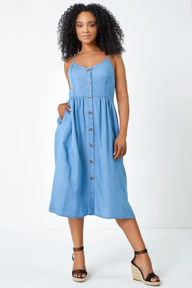 Women Light Denim Petite Sleeveless Denim Midi Dress Roman Dresses
