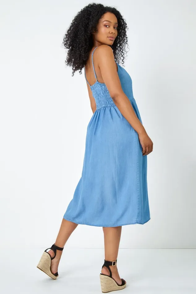Women Light Denim Petite Sleeveless Denim Midi Dress Roman Dresses