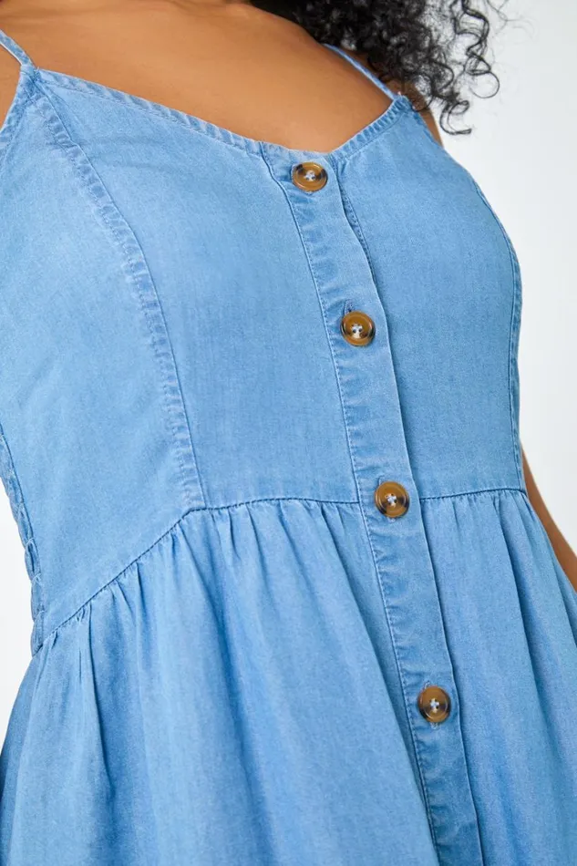 Women Light Denim Petite Sleeveless Denim Midi Dress Roman Dresses