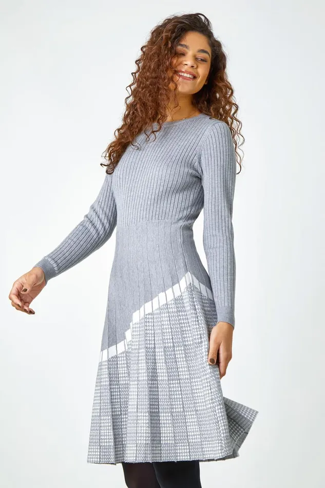 Women Light Grey Ribbed Stretch Knit Dress Roman Dresses