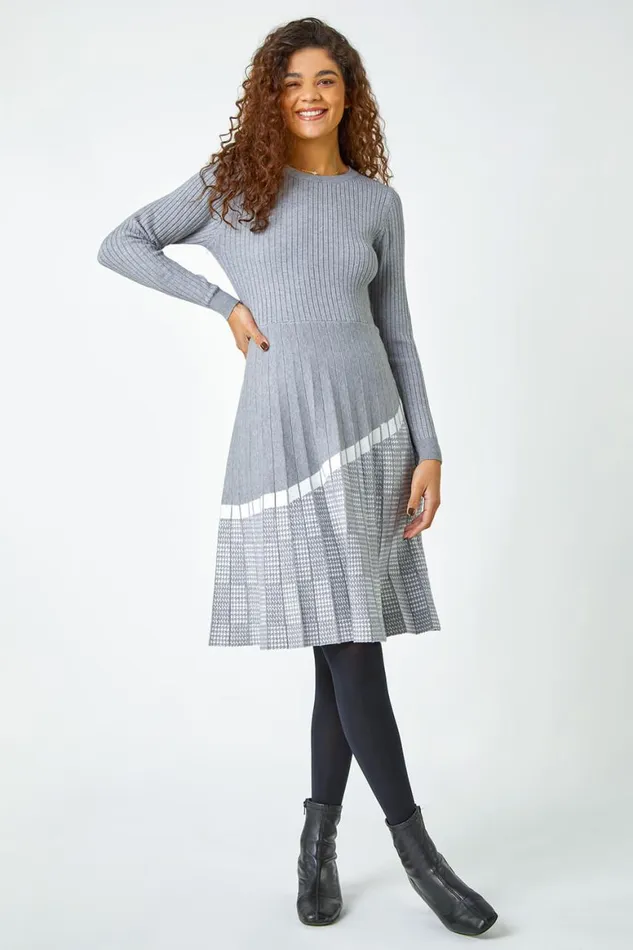 Women Light Grey Ribbed Stretch Knit Dress Roman Dresses