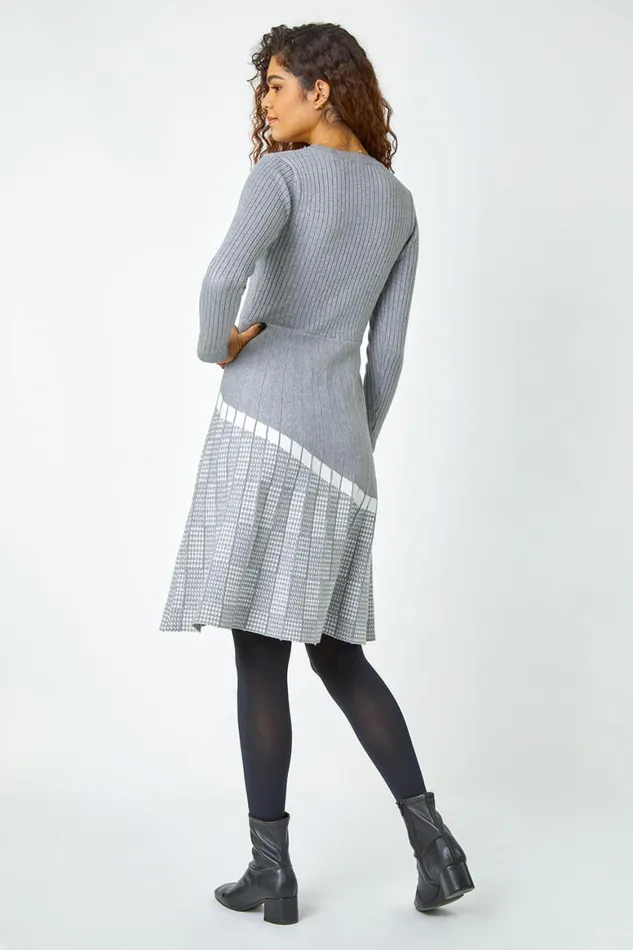 Women Light Grey Ribbed Stretch Knit Dress Roman Dresses