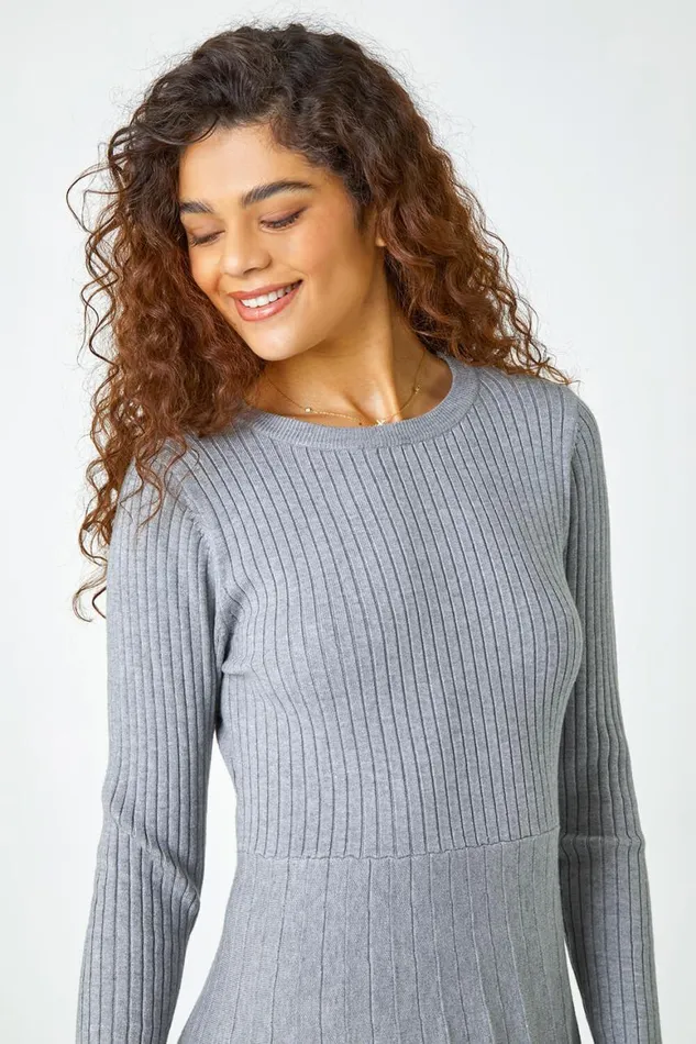 Women Light Grey Ribbed Stretch Knit Dress Roman Dresses