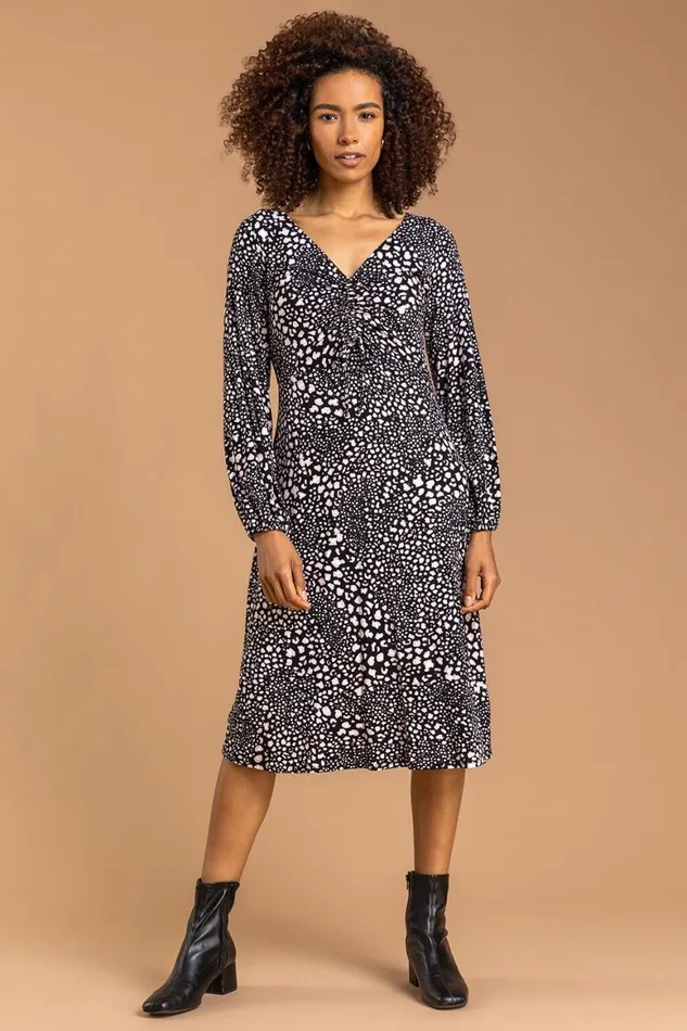 Women Light Pink Abstract Animal Gathered Dress Roman Dresses