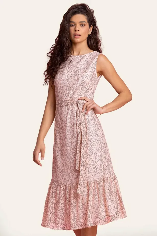 Women Light Pink Belted Lace Detail Tiered Midi Dress Roman Dresses