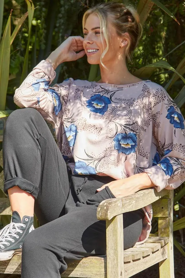 Women LightPink Floral Print Long Sleeve Lounge Top Roman Tops
