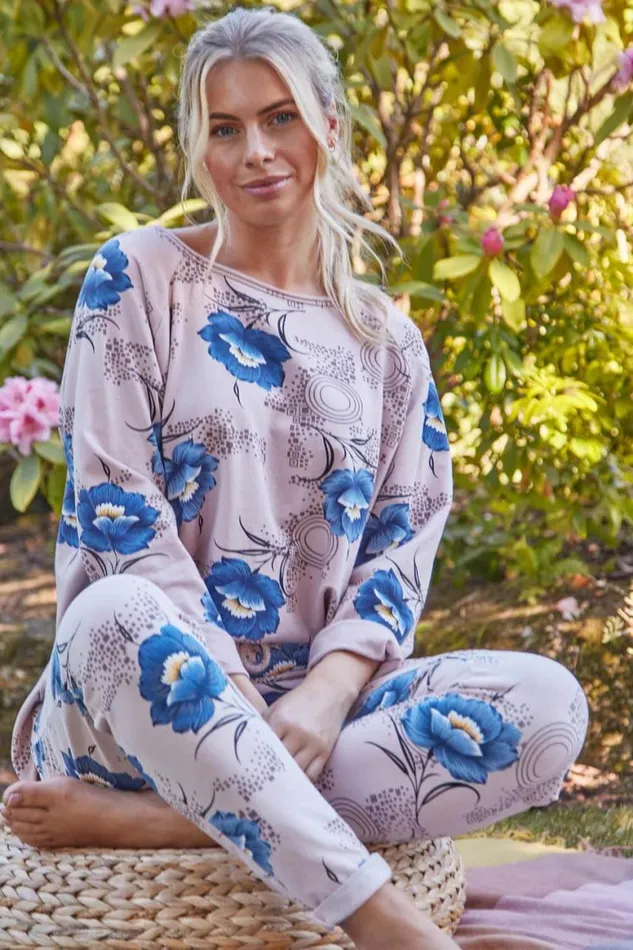 Women LightPink Floral Print Long Sleeve Lounge Top Roman Tops