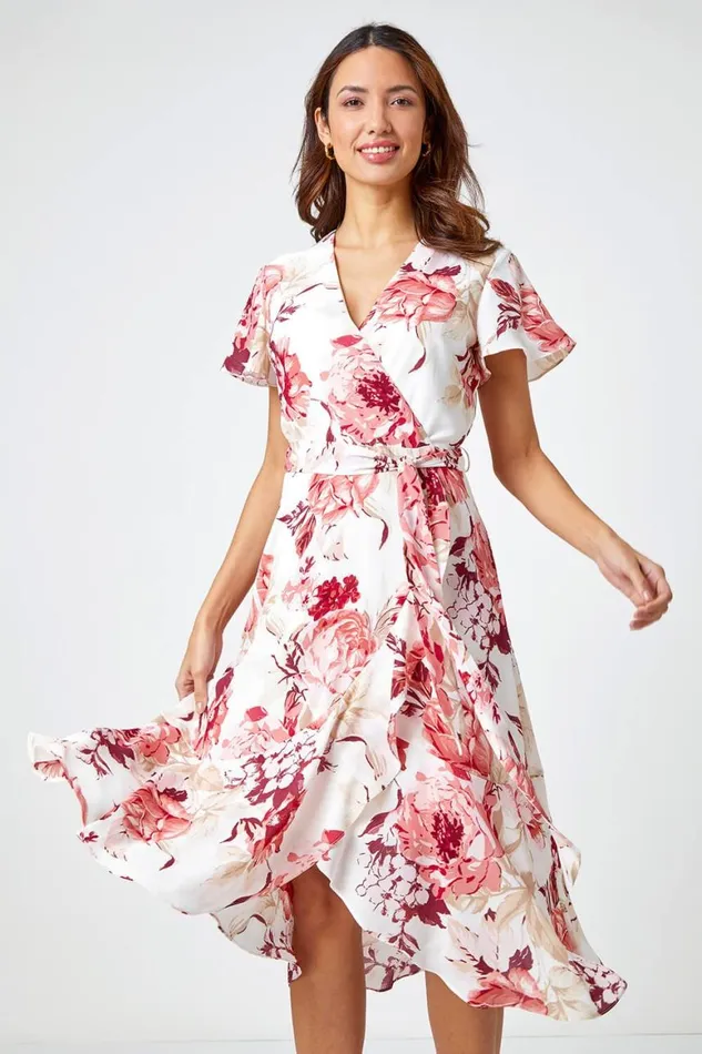 Women Light Pink Floral Print Wrap Stretch Dress Roman Dresses