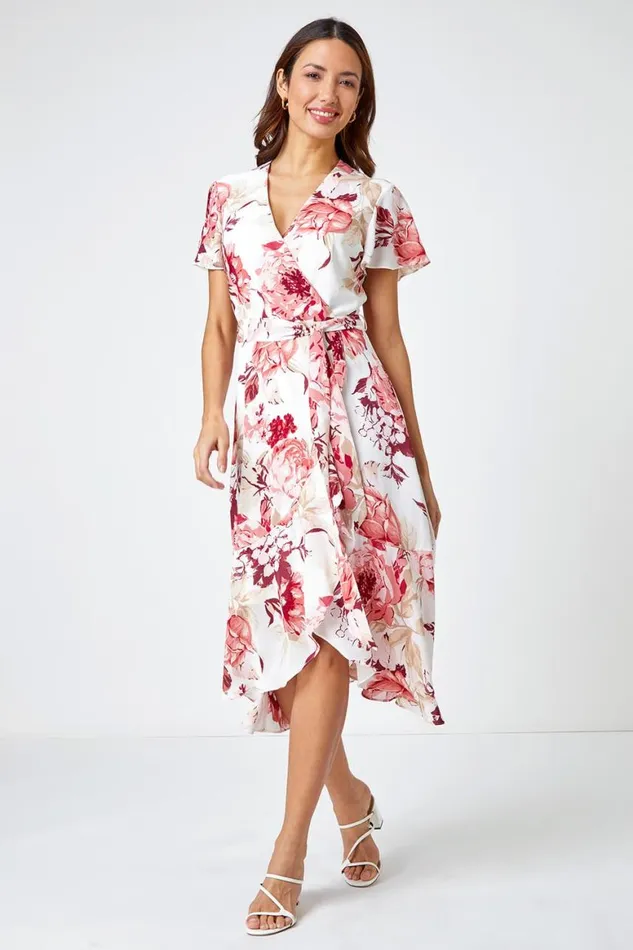 Women Light Pink Floral Print Wrap Stretch Dress Roman Dresses