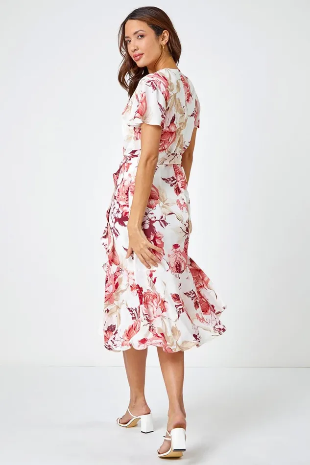 Women Light Pink Floral Print Wrap Stretch Dress Roman Dresses
