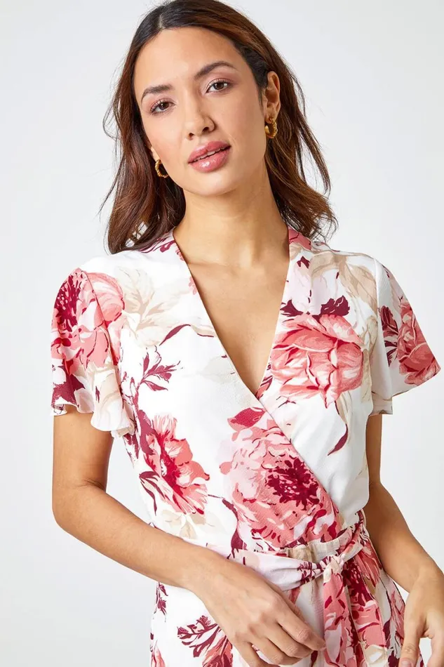 Women Light Pink Floral Print Wrap Stretch Dress Roman Dresses