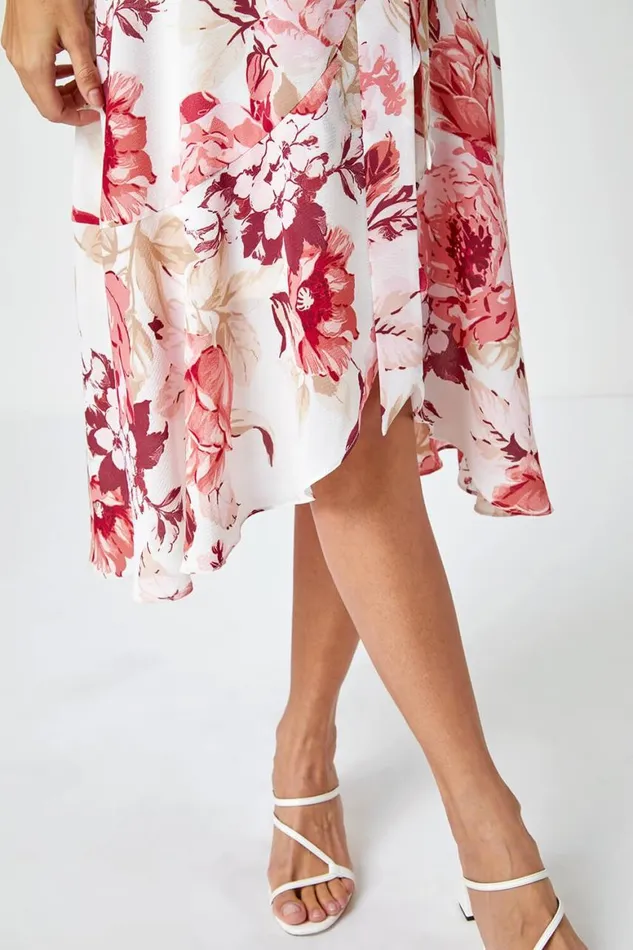 Women Light Pink Floral Print Wrap Stretch Dress Roman Dresses