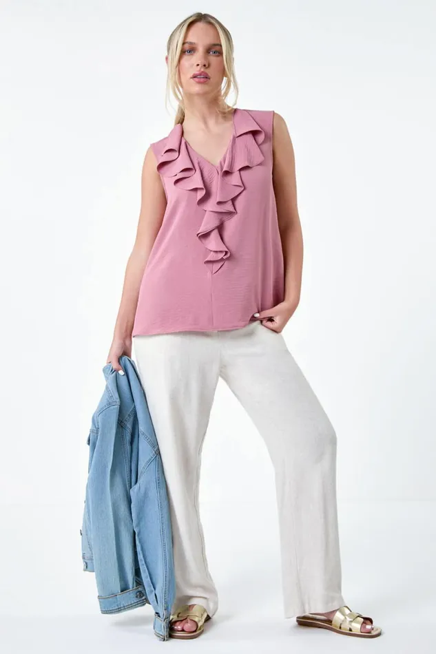 Women Light Pink Petite Frill Front Vest Top Roman Tops