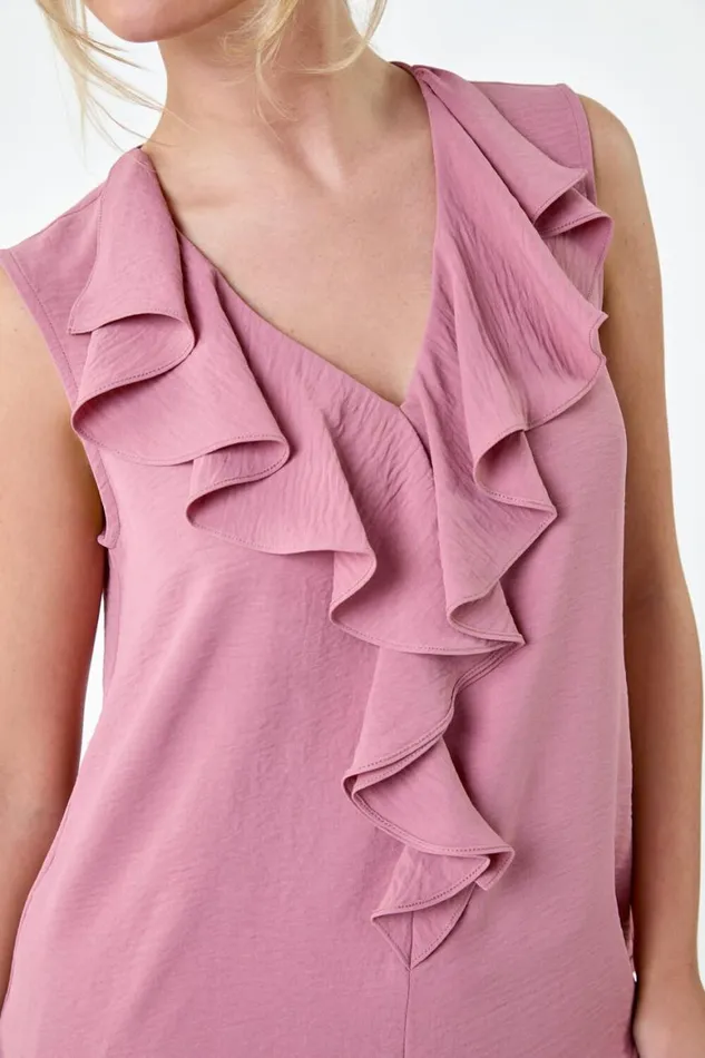 Women Light Pink Petite Frill Front Vest Top Roman Tops