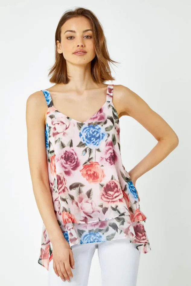 Women Light Pink Sleeveless VNeck Floral Double Layer Top Roman Tops