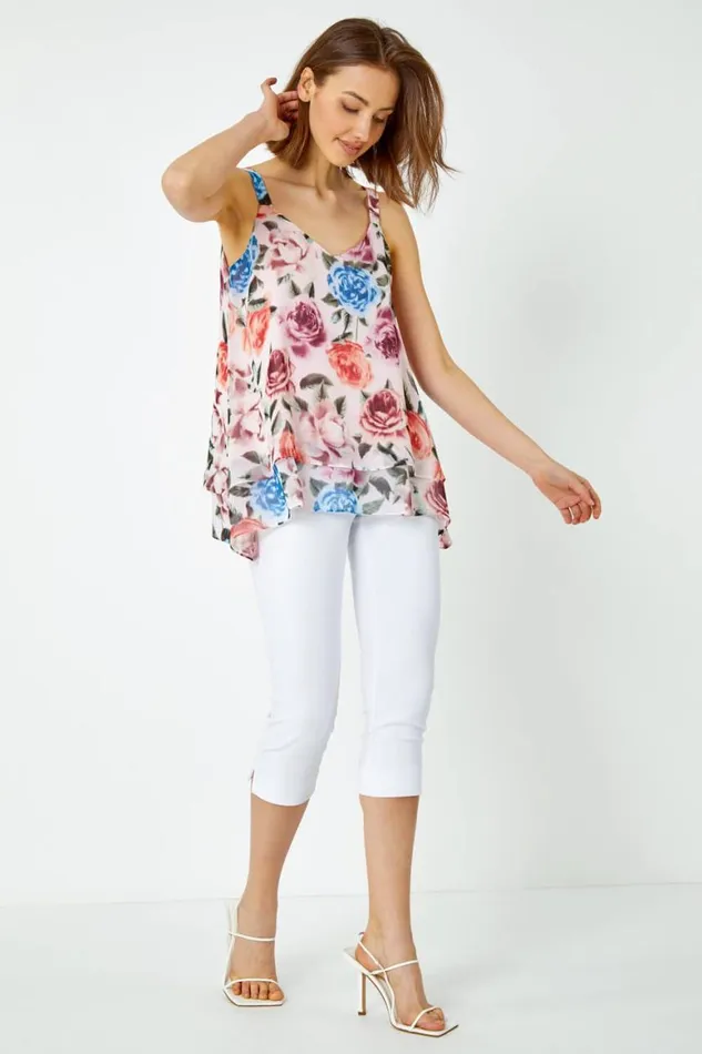 Women Light Pink Sleeveless VNeck Floral Double Layer Top Roman Tops