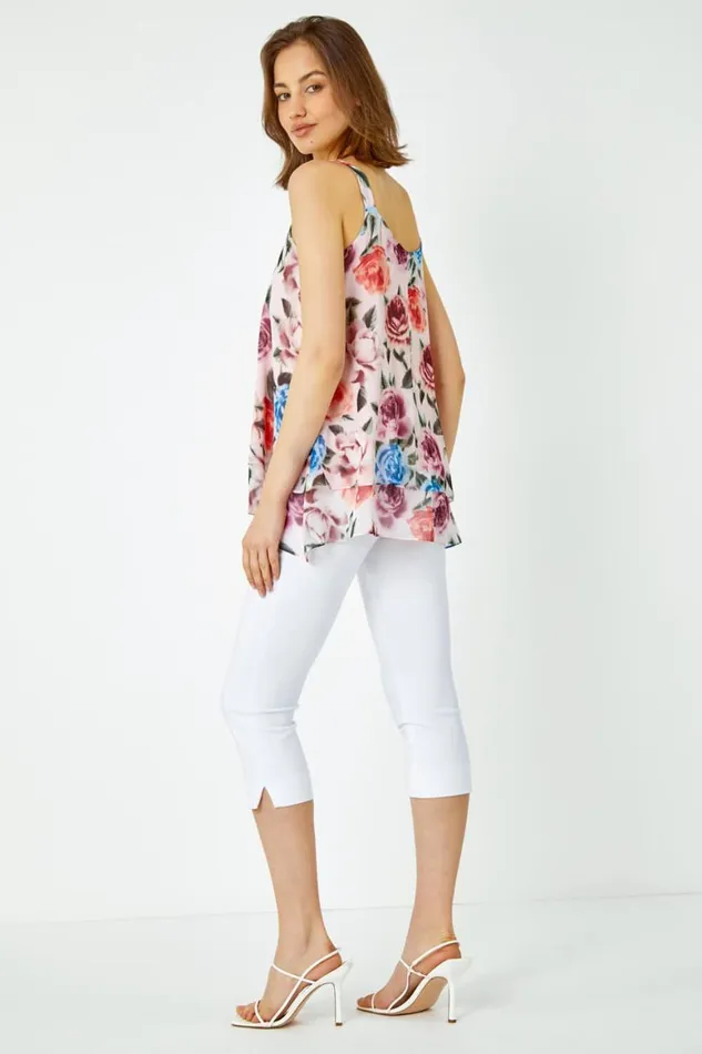 Women Light Pink Sleeveless VNeck Floral Double Layer Top Roman Tops