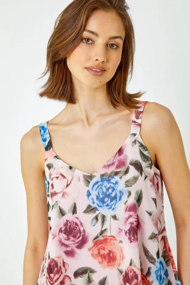Women Light Pink Sleeveless VNeck Floral Double Layer Top Roman Tops