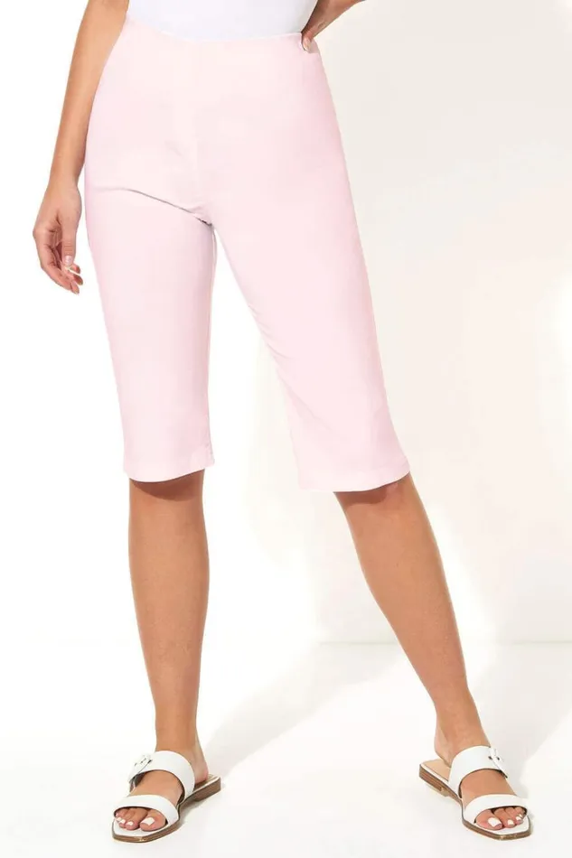 Women LightPink Stretch Knee Length Elastic Waist Shorts Roman Trousers