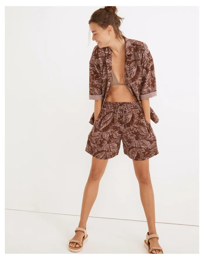 Women Lightestspun Pull On Cover Up Shorts In Palm Leaves Fig Madewell Swim