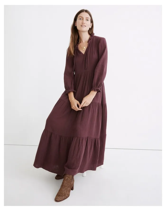Women Lightspun Tie Neck Tiered Midi Dress Dark Fig Madewell Dresses
