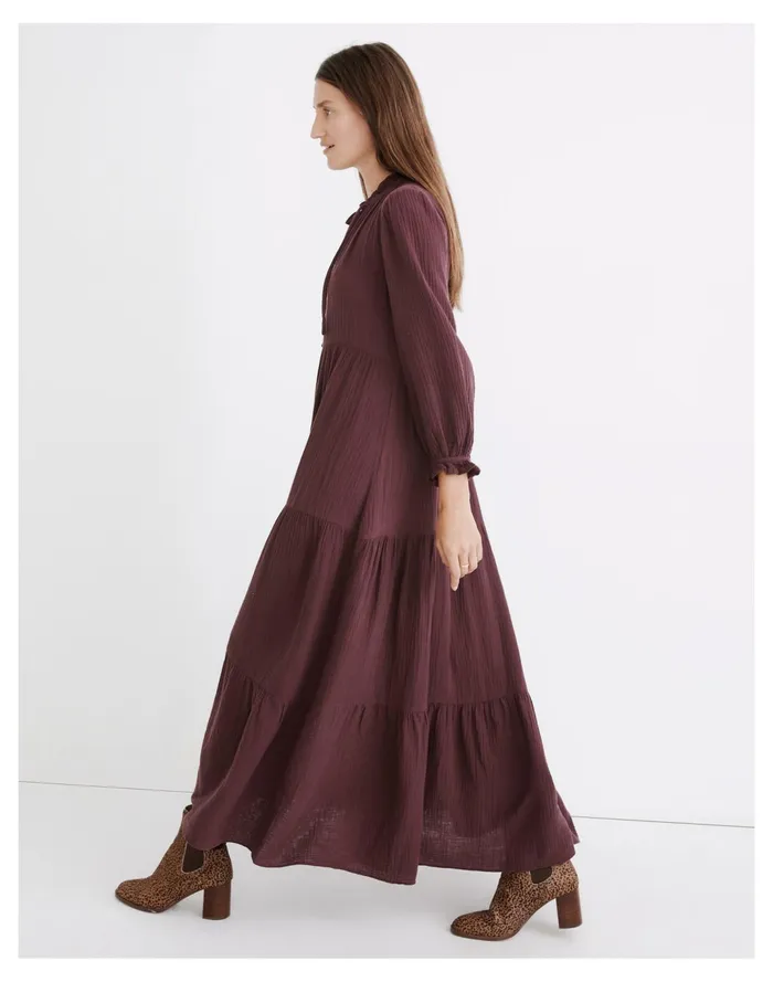 Women Lightspun Tie Neck Tiered Midi Dress Dark Fig Madewell Dresses Women Lightspun Tie Neck Tiered Midi Dress Dark Fig Madewell Dresses