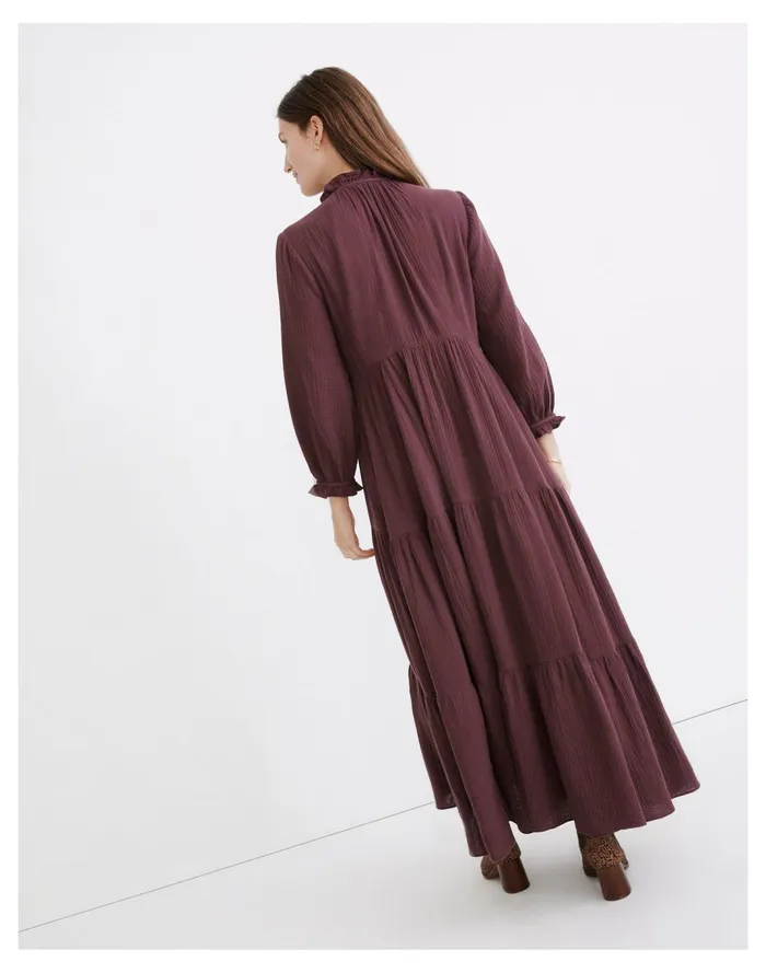 Women Lightspun Tie Neck Tiered Midi Dress Dark Fig Madewell Dresses Women Lightspun Tie Neck Tiered Midi Dress Dark Fig Madewell Dresses