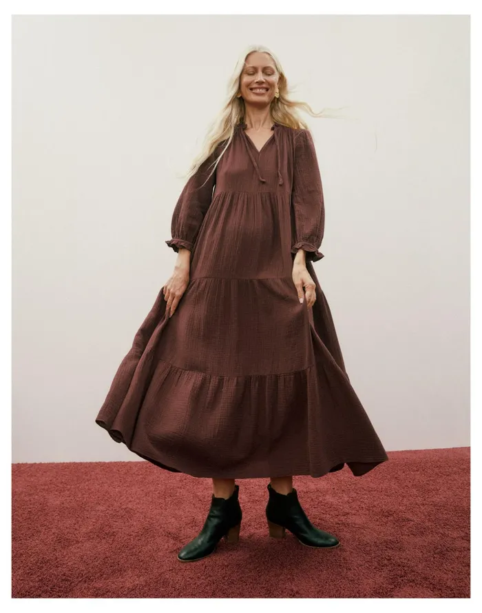 Women Lightspun Tie Neck Tiered Midi Dress Dark Fig Madewell Dresses Women Lightspun Tie Neck Tiered Midi Dress Dark Fig Madewell Dresses