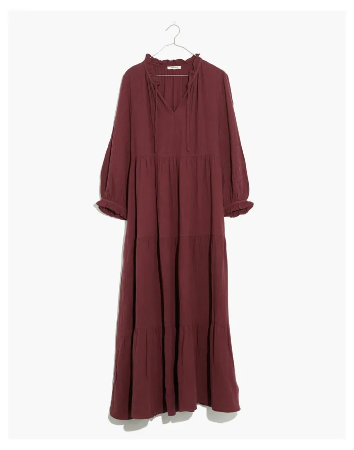 Women Lightspun Tie Neck Tiered Midi Dress Dark Fig Madewell Dresses Women Lightspun Tie Neck Tiered Midi Dress Dark Fig Madewell Dresses