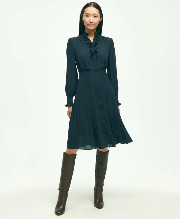 Women Lightweight Crepe Pleated Dress Navy Brooks Brothers Dresses