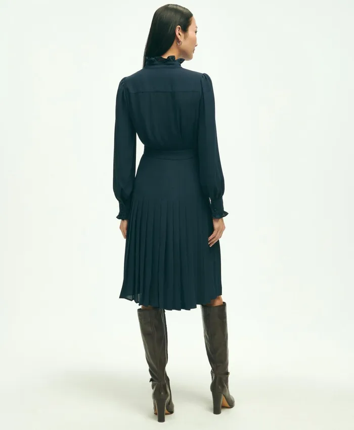 Women Lightweight Crepe Pleated Dress Navy Brooks Brothers Dresses