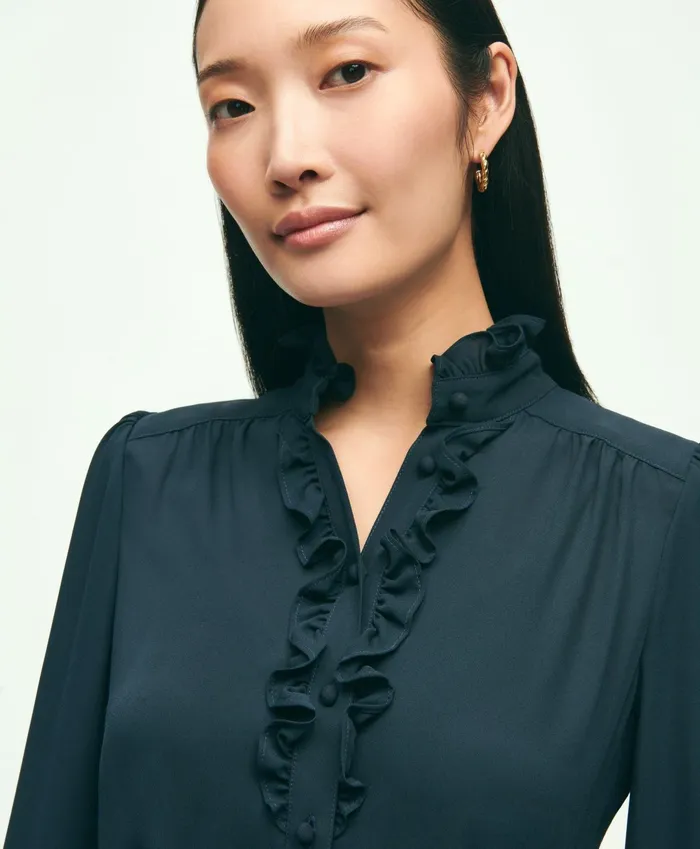 Women Lightweight Crepe Pleated Dress Navy Brooks Brothers Dresses