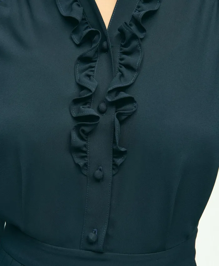 Women Lightweight Crepe Pleated Dress Navy Brooks Brothers Dresses