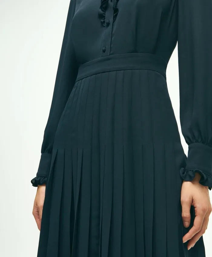 Women Lightweight Crepe Pleated Dress Navy Brooks Brothers Dresses