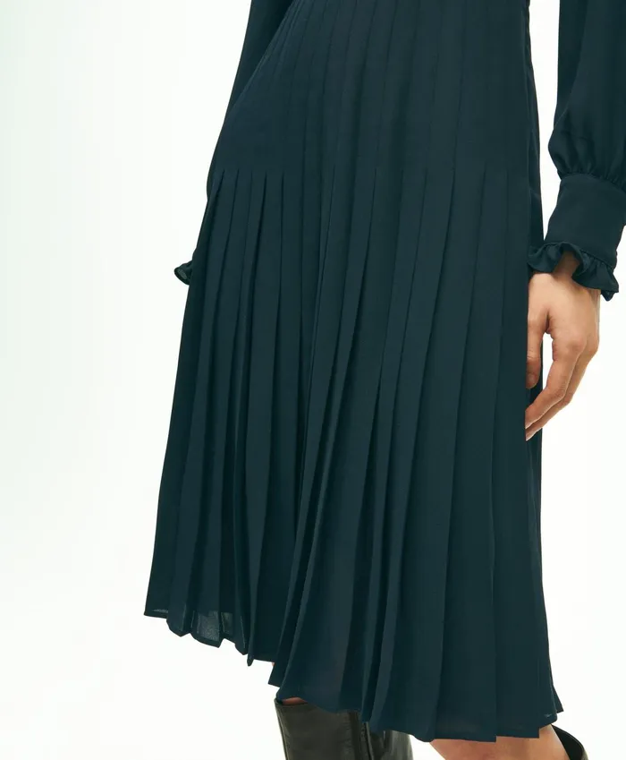 Women Lightweight Crepe Pleated Dress Navy Brooks Brothers Dresses