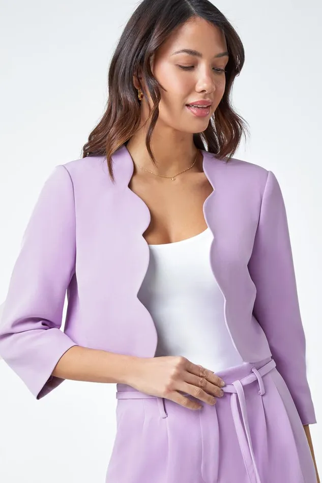 Women Lilac Cropped Scallop Edge Smart Jacket Roman Jackets