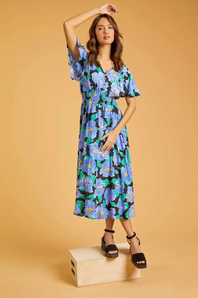 Women Lilac Floral Print Angel Sleeve Midi Dress Roman Dresses